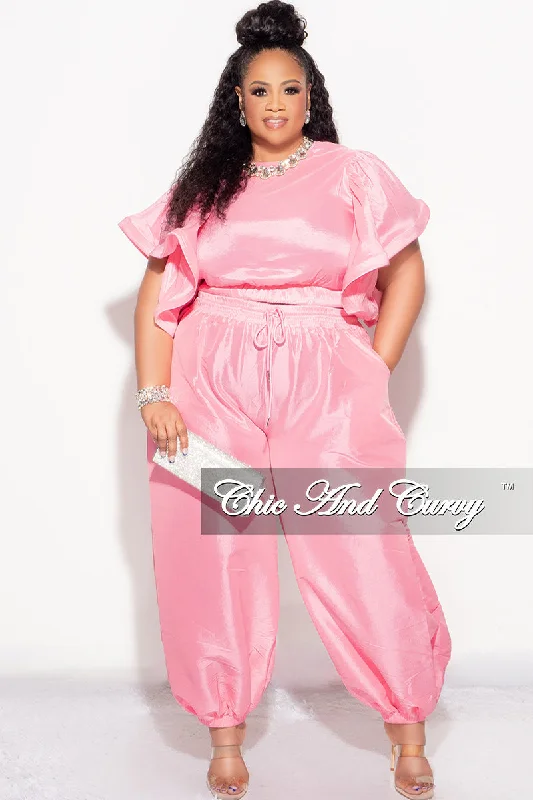 Final Sale Plus 2pc Ruffle Top and Balloon Pants Set in Pink Comfortable Denim Leggings