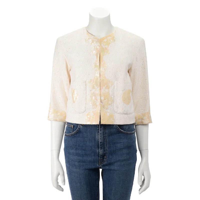 Chanel Cream Sequin Tweed Seashell Mosaic Jacket FR 38 Knit Jacket Woven Jacket Fleece Jacket Chanel Cream Sequin Tweed Seashell Mosaic Jacket FR 38 Knit Jacket Woven Jacket Fleece Jacket