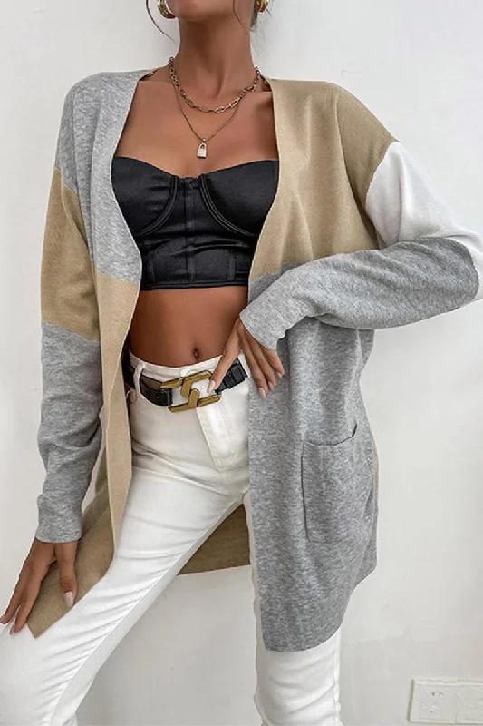 COLOR BLOCK OPEN FRONT CARDIGAN WITH POCKETS Machine Wash Dry Clean Hand Wash