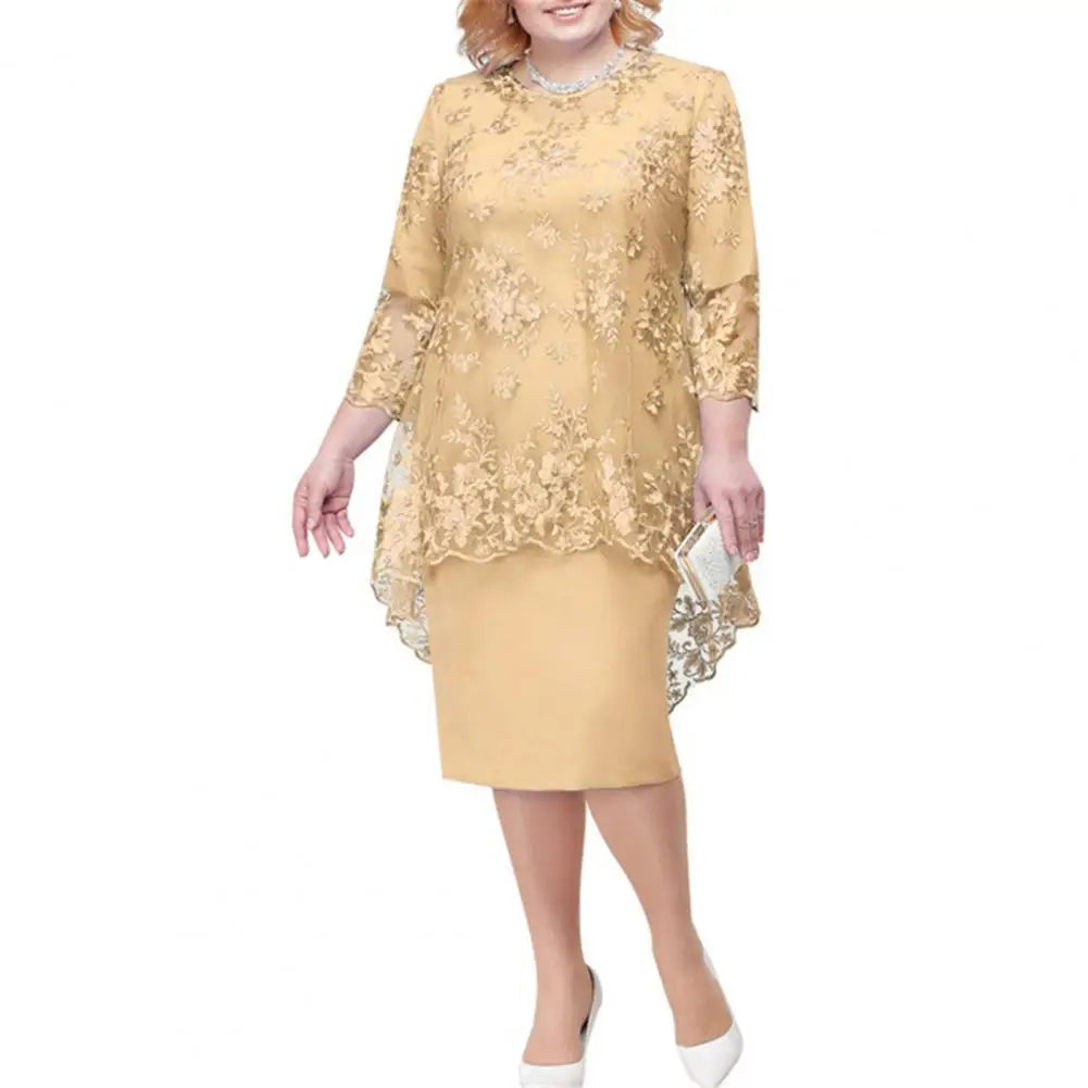 O-neck High-Waist Plus Size Midi Dress Party Dress Embroidery Lace Pleated Skirt Elegant