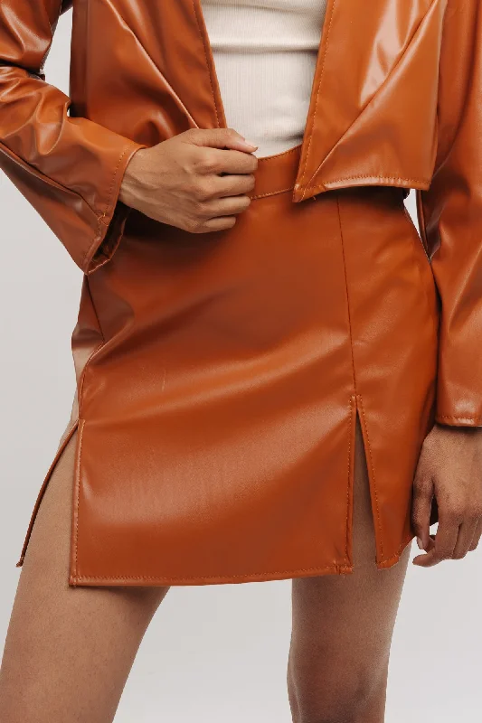Tan Front Slit Leather Skirt chiffon skirt lightweight