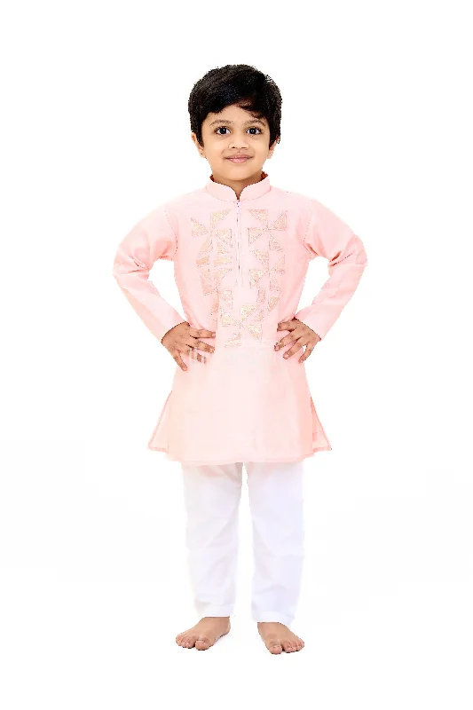 Boys Pink Cotton Kurta with Subtle Embroidery and White Pants for Traditional Wear Classic Flared Pants