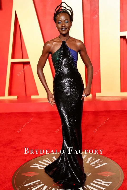 Lupita Nyong'o Black Sequin 2024 Oscars After Party Dress Tunics Distressed trendy