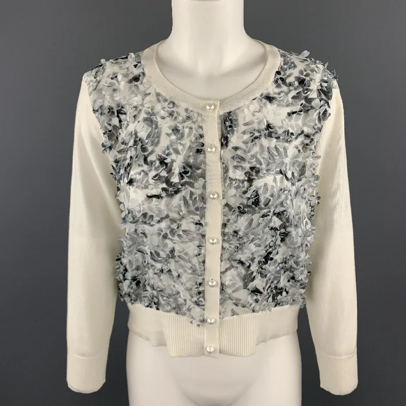 KARL LAGERFELD Size M White Knit Floral Textured Chiffon Front Cardigan Tailored Straight A-Line