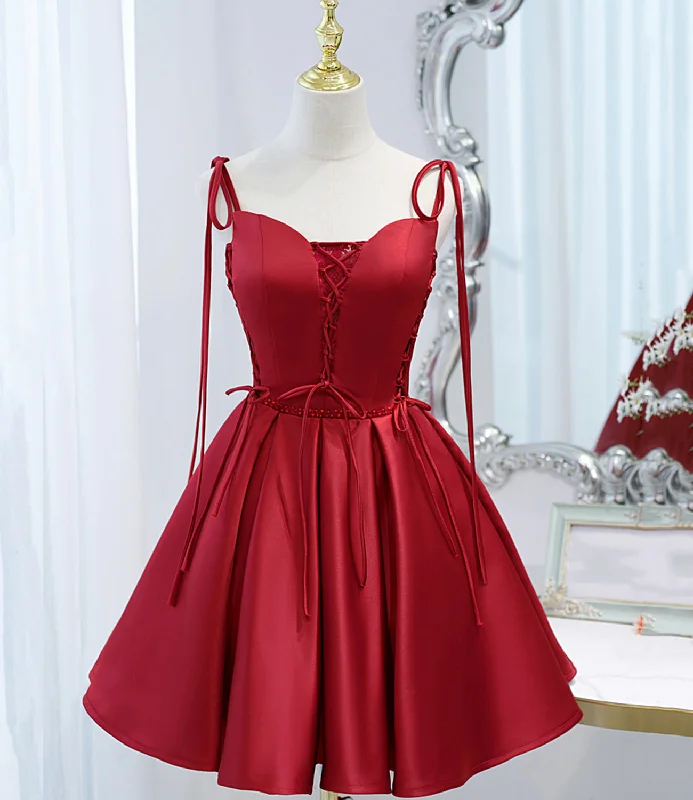 Burgundy satin lace-up short prom dress party dress  10098 Tunics Solid Classic