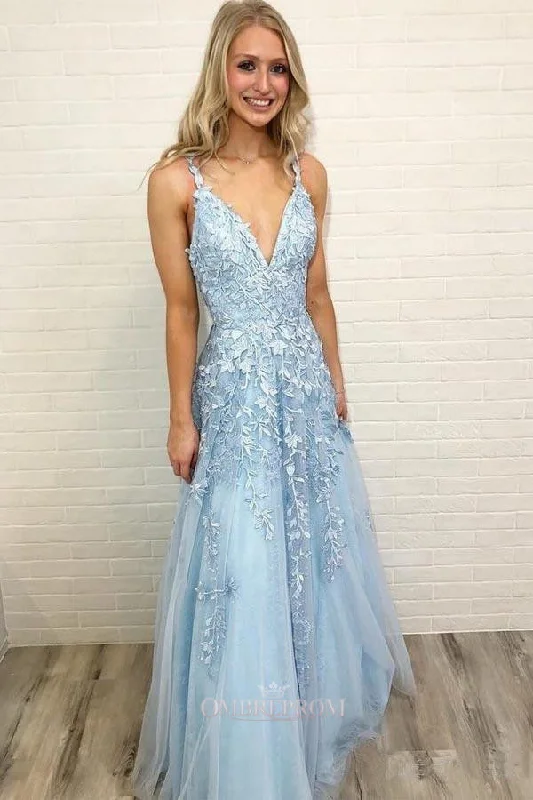 Sky Blue Prom Dress Long V-neck For Teens Lace Party Dress OP480 Tunics Stylish elegant