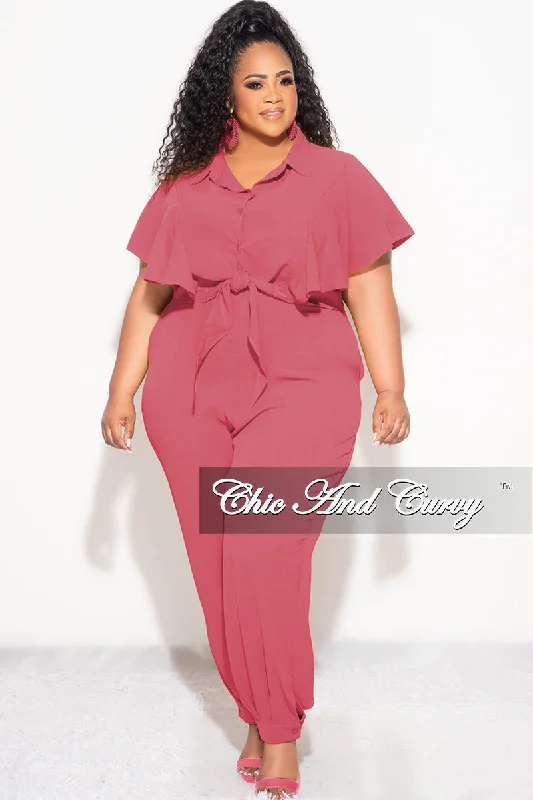 Final Sale Plus Size 2pc Button Up Collar Top and Pants Set in Mauve Formal Stretch Pants