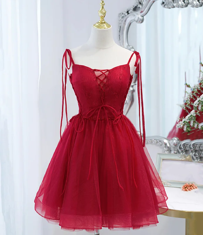 Burgundy tulle lace-up short prom dress party dress  10097 Tunics Short Trendy