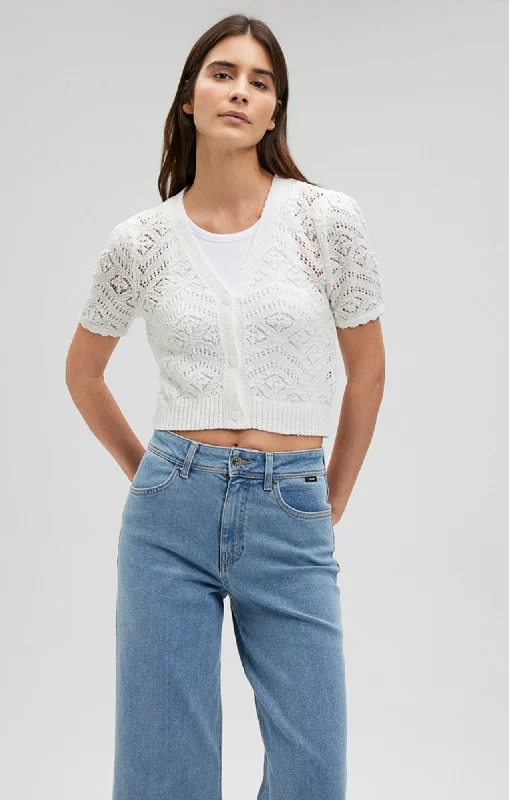 CROPPED CARDIGAN IN ANTIQUE WHITE Spandex Blend Rayon Blend Denim Blend