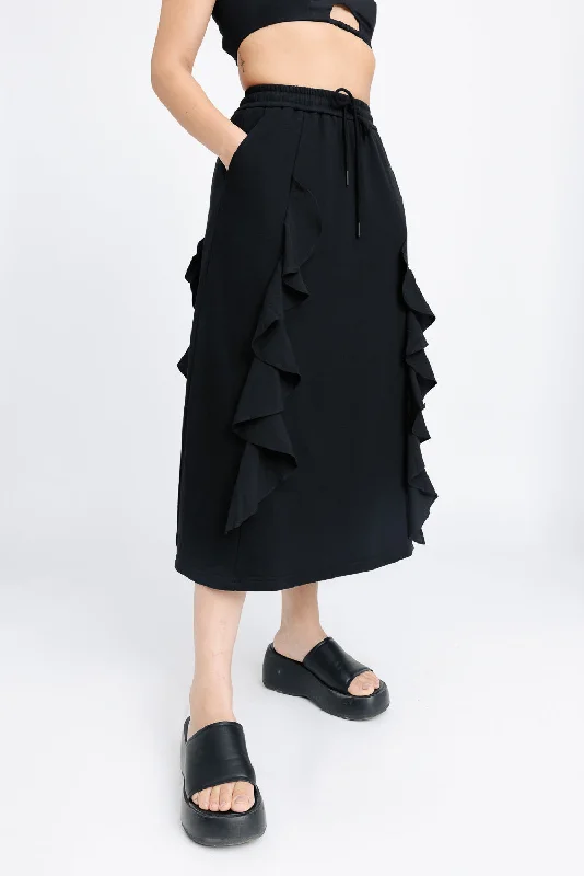 Black Ruffled Midi Skirt corduroy skirt durable