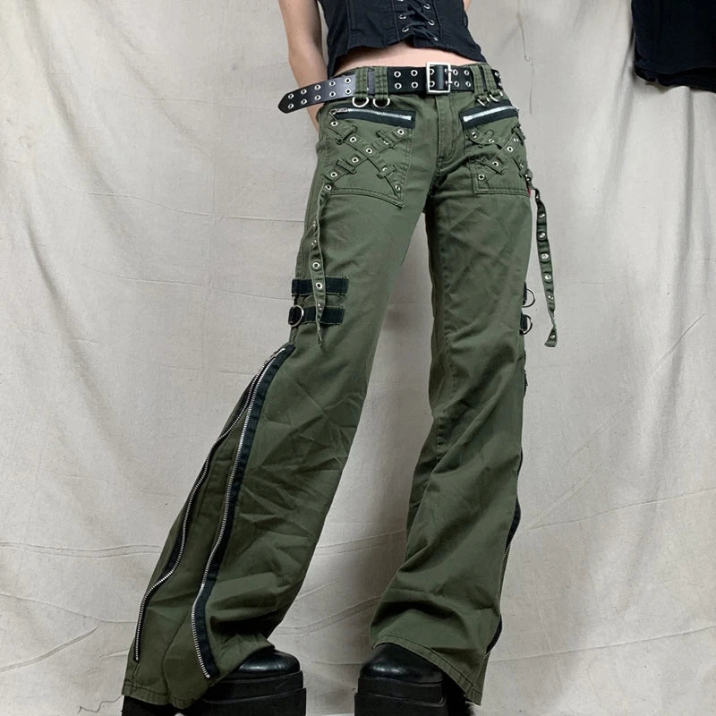 Street Style Low Waist Punk Cargo Pants with Metal Details Lightweight Linen Pants