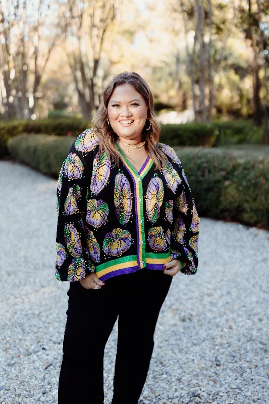 Queen of Sparkles Black Pearl King Cake Cardigan Iron Safe Non-Iron Wrinkle Free