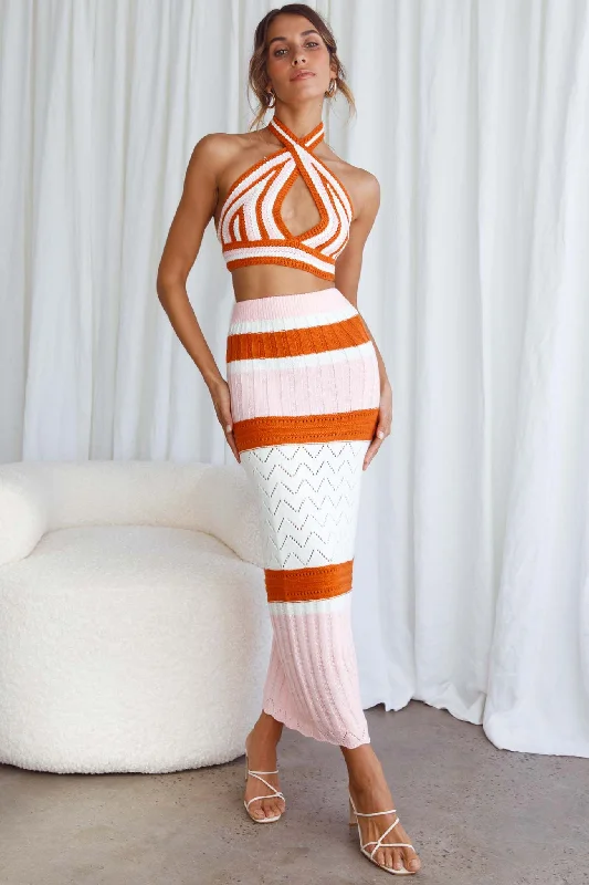 Higher Love Knit Maxi Skirt Striped Orange velvet skirt luxurious