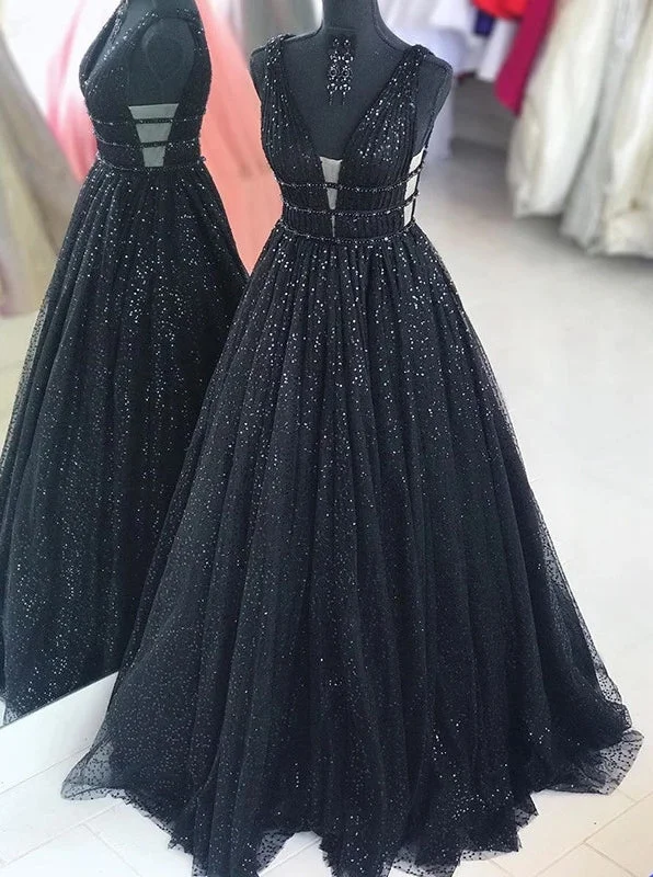 Sparkly Long A Line Black Prom Dresses, Cheap V-neck Sequins Party Dresses PO280 Tunics Versatile stylish
