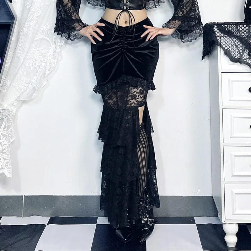 Women's Gothic Layered Lace Splice Velvet Fishtail Skirt chiffon skirt flowing
