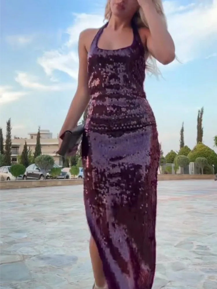 Halter Sequin Dress Party Dresses Backless Slim Fit Fashion Elegant Hanging Neck Tunics Lace romantic Halter Sequin Dress Party Dresses Backless Slim Fit Fashion Elegant Hanging Neck Tunics Lace romantic