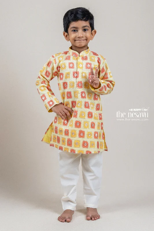 Fancy Yellow Butta Designer Boys Kurta With White pant Fashionable Button-Up Pants