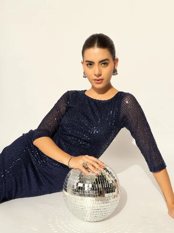 Stylish Navy Sequined Party Dress In Stretchable Fabric Tunics Favorite customer