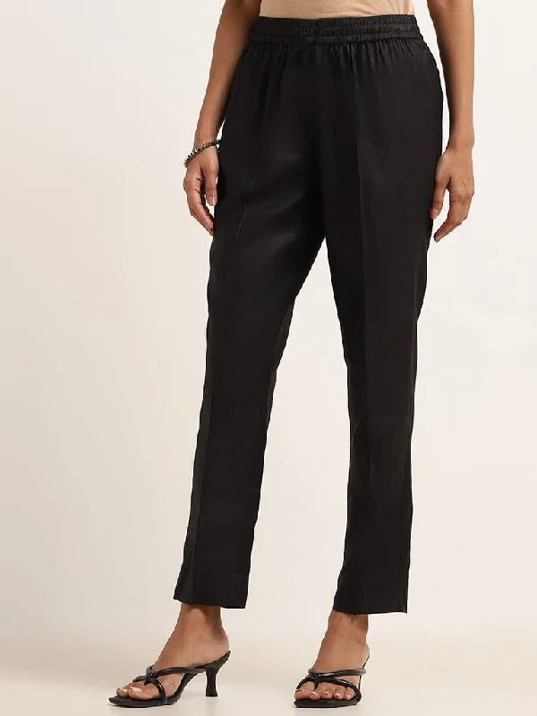 Zuba Black Straight-Fit Ethnic Pants Comfortable Pleated Pants