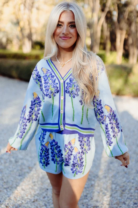 Queen of Sparkles Pale Blue Bluebonnets Cardigan Terry Terry Cloth Terry Knit