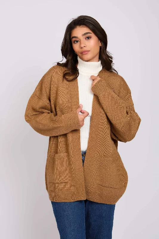 Women Long Loose Cardigan Beige Elasticated Padded Insulated