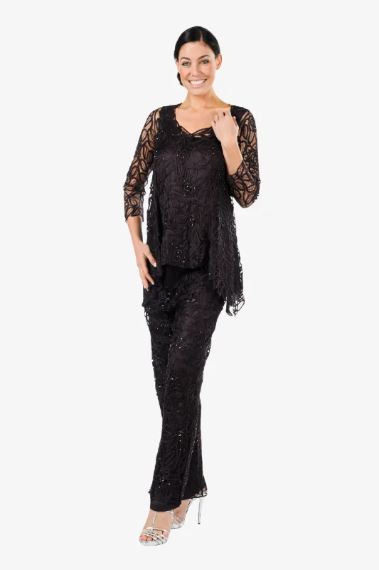 Soulmates C8057 Beaded Lace Evening Baby Doll Tunic Top with Pants Set Stylish Elastic Waist Pants