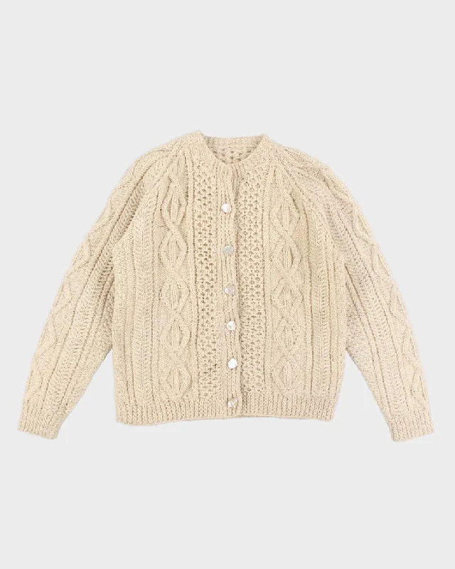 Women's Cream Cable knit cardigan - M Notch Collar Peter Pan Collar Cowl Neck