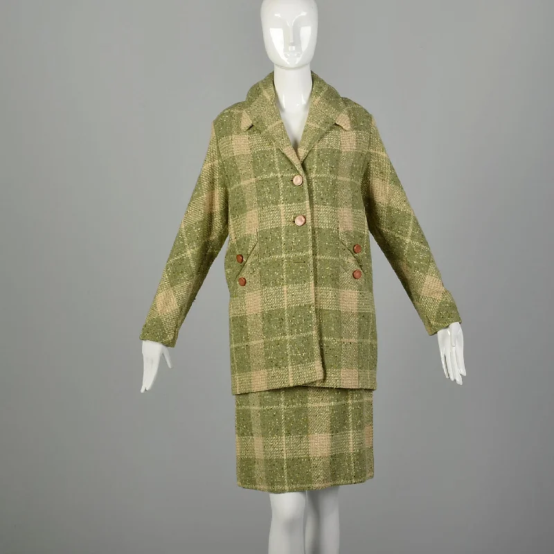 Small 1960s Two Piece Set Green Beige Plaid Fleck Tweed Separates Ensemble Skirt Jacket Collared Jacket Crew Neck Jacket Turtle Neck Jacket Small 1960s Two Piece Set Green Beige Plaid Fleck Tweed Separates Ensemble Skirt Jacket Collared Jacket Crew Neck Jacket Turtle Neck Jacket