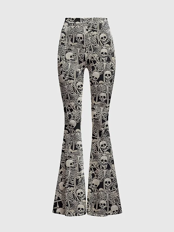 High-Waisted Skull Print Flare Pants Casual Drawstring Pants