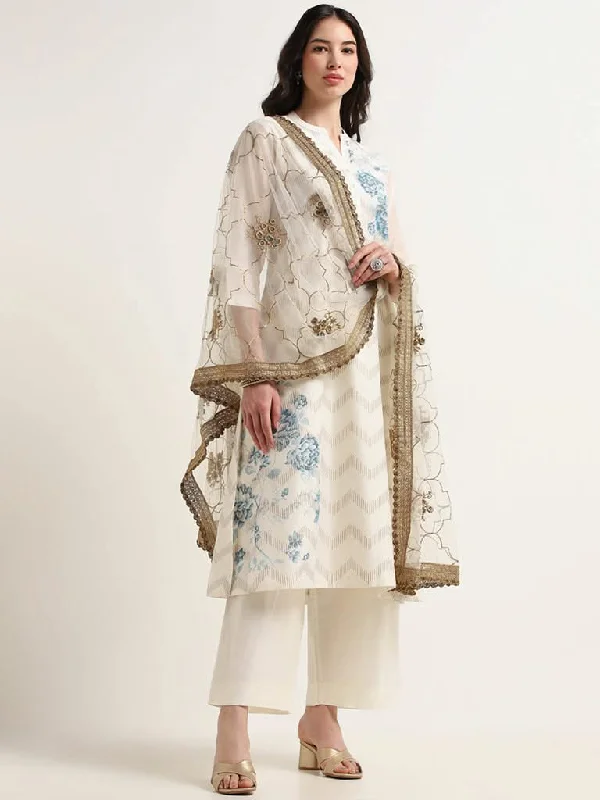 Vark Cream Printed Kurta, Pants & Dupatta Set Stylish Harem Pants