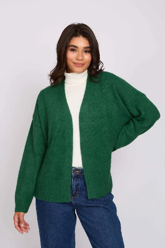 Women Long Loose Cardigan Green Houndstooth Herringbone Solid