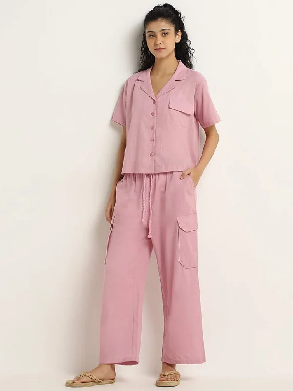Superstar Light Pink Wide-Leg Cotton High-Rise Cargo Pants Comfortable Jogging Pants