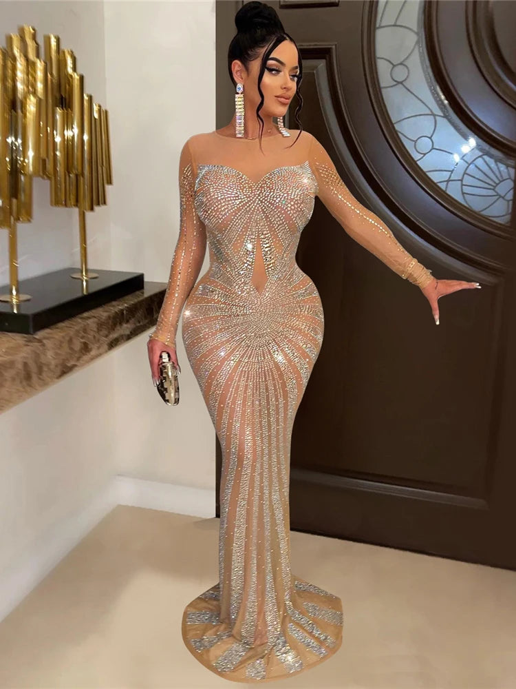 Cinessd Christmas outfit Best Quality Famous Brand Dress Shiny Diamond O-neck Long Sleeve Elegant Maxi Dress Sexy Sheer Party Dress Vestidos Tunics Modern contemporary Cinessd Christmas outfit Best Quality Famous Brand Dress Shiny Diamond O-neck Long Sleeve Elegant Maxi Dress Sexy Sheer Party Dress Vestidos Tunics Modern contemporary