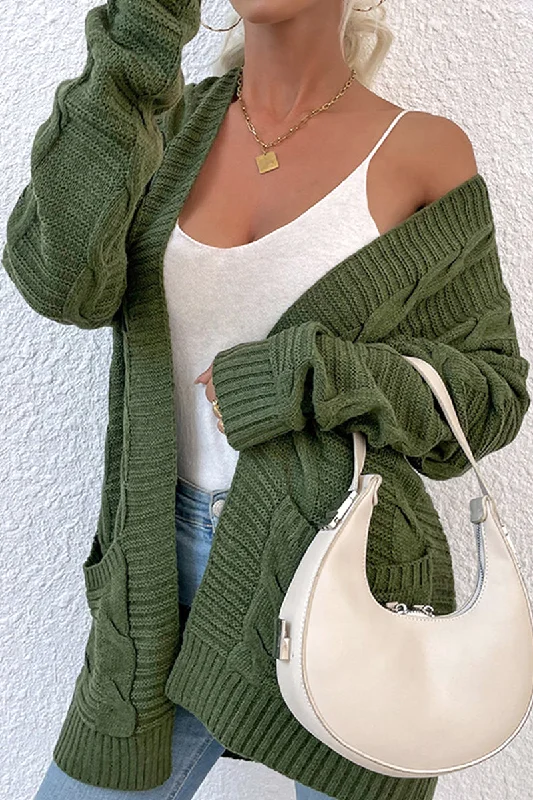 OPEN FRONT TWIST CABLE KNIT CASUAL CARDIGAN Zippered Front Buttoned Front Snap Front