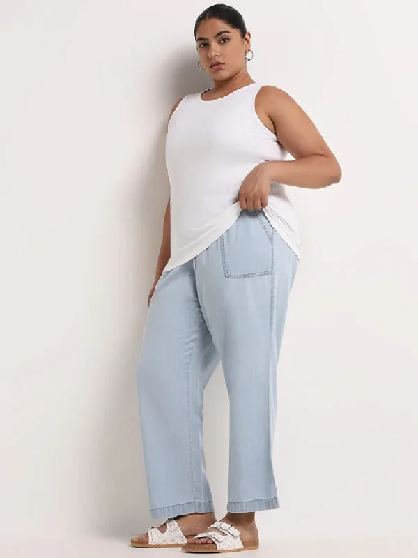 Gia Light Blue Chambray Cotton Blend Straight-Fit Pants Formal Slim Pants