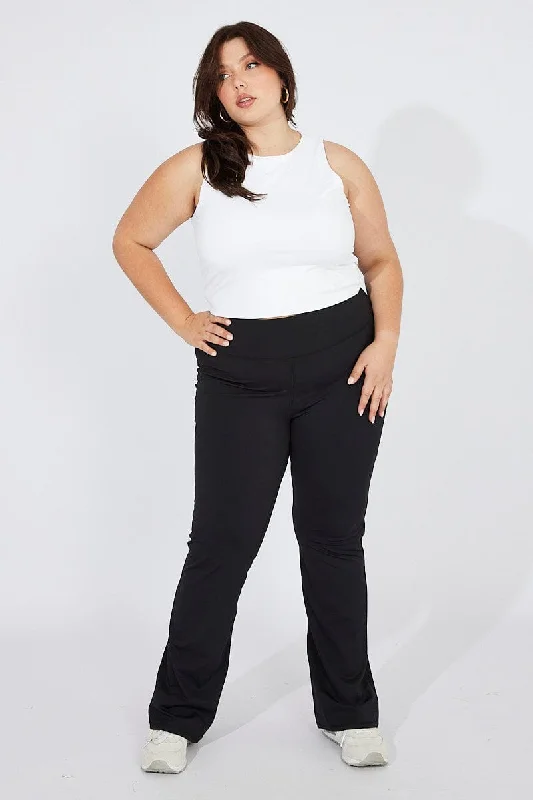 Black Flare Pant With Leg Split Brushed Stretch Jersey Relaxed Fit Trousers