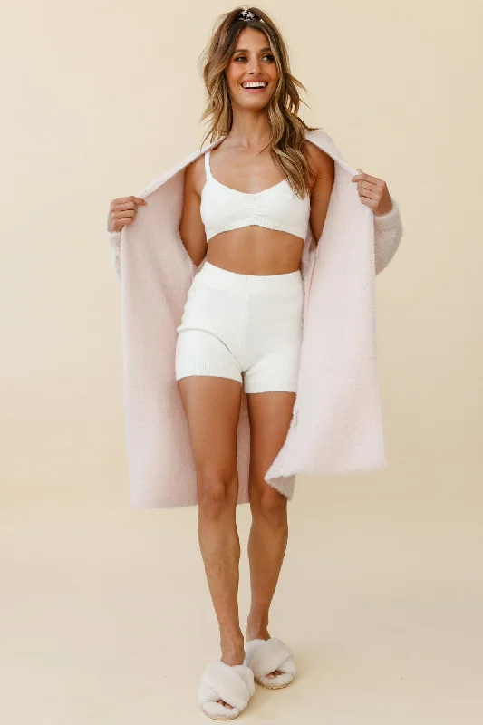 Hold The Phone Long Sleeve Duster Cardigan Pink Houndstooth Herringbone Solid