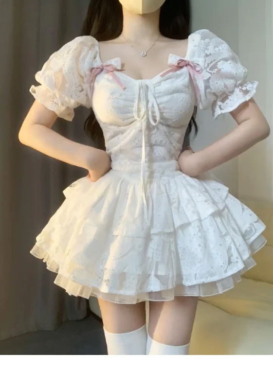 Cinessd Chic Ball Gown Short Sleeves White Lace Lolita Dresses Party Dress Birthday Outfits SD1192 Tunics Cozy comfortable