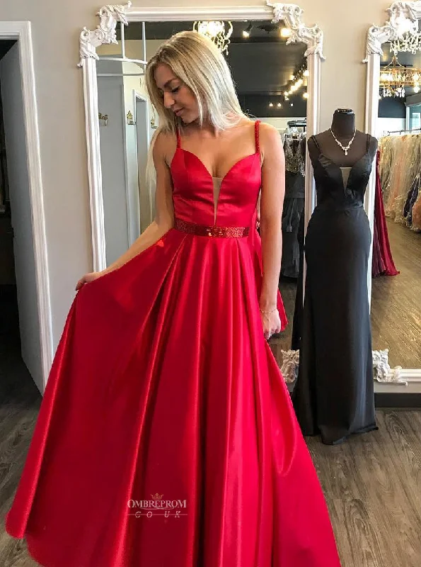Red A-line Satin V-neck Long Prom Party Dresses With Beaded OP499 Tunics Trendy modern