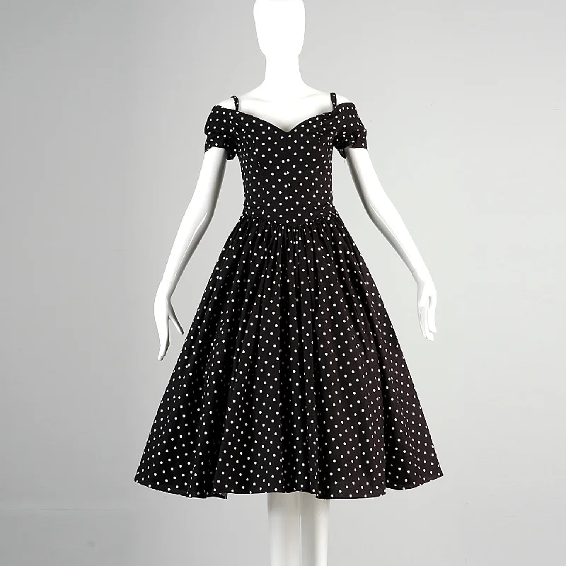 1980s I. Magnin Off Shoulder Party Dress in Black with White Polka Dots Tunics Modern contemporary 1980s I. Magnin Off Shoulder Party Dress in Black with White Polka Dots Tunics Modern contemporary