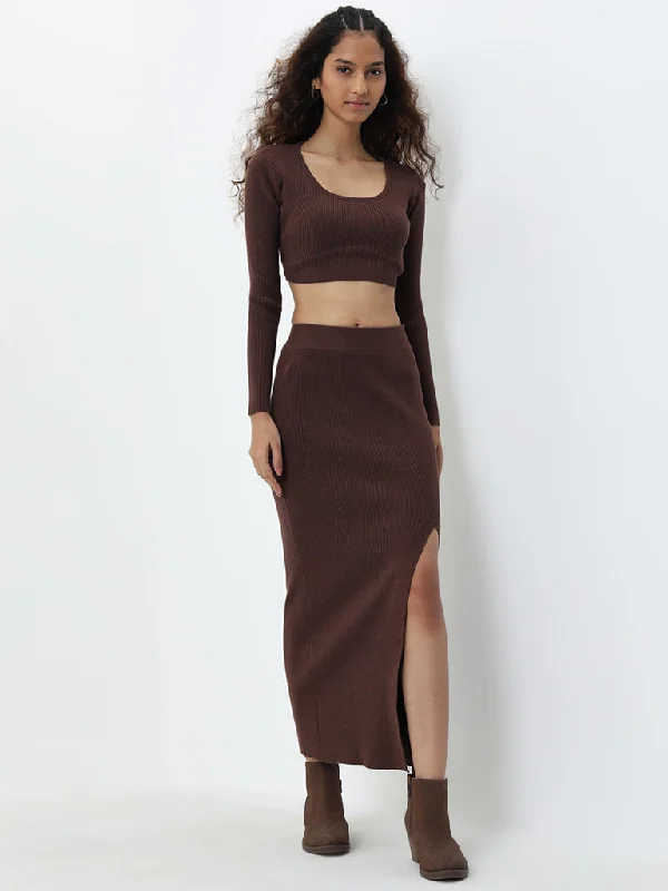 Nuon Brown Ribbed Textured High-Rise Skirt denim skirt fashionable