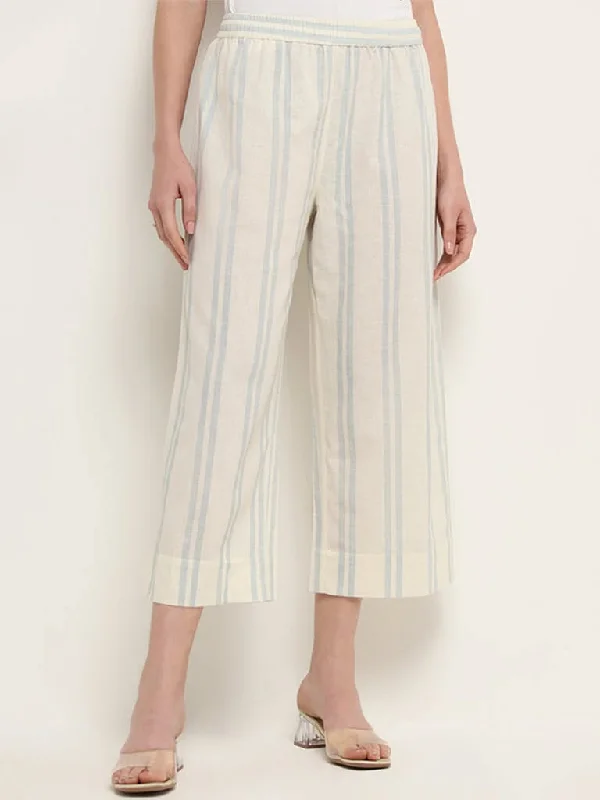 Zuba Off-White Mid-Rise Striped Blended Linen Pants Stylish Casual Pants
