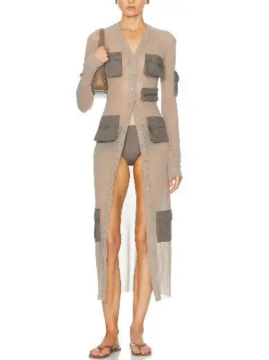 Cargo-Pocket Long Sheer Cardigan Dress in Gray Beaded Cardigan Sequined Faux Fur