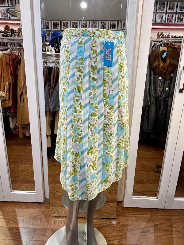 00’s Multi Patch Panel Revival Light Blue 60’s Floral Print Skirt velvet skirt plush
