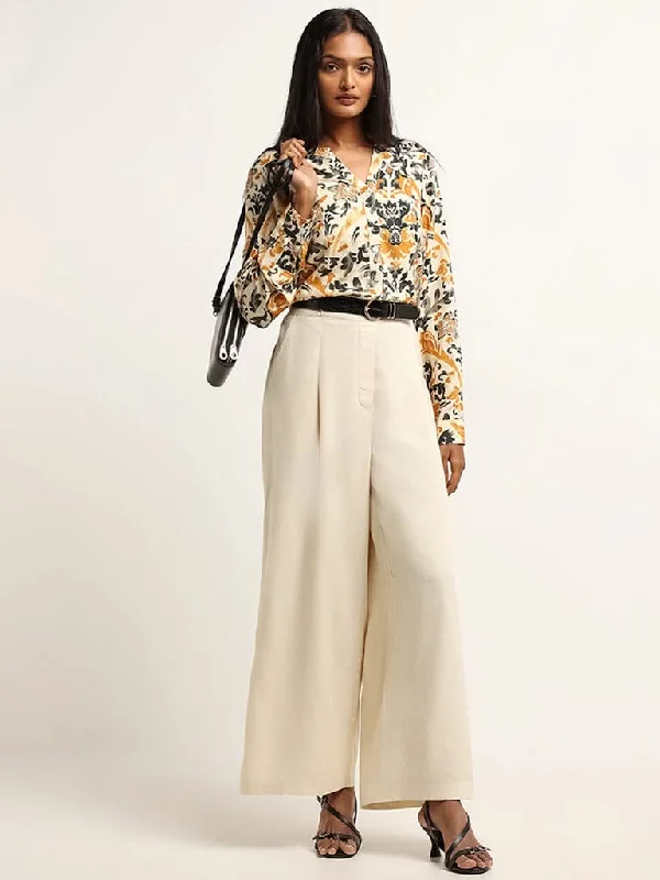 LOV Cream High Rise Cotton Wide-Leg Pants Trendy Wide-Leg Pants