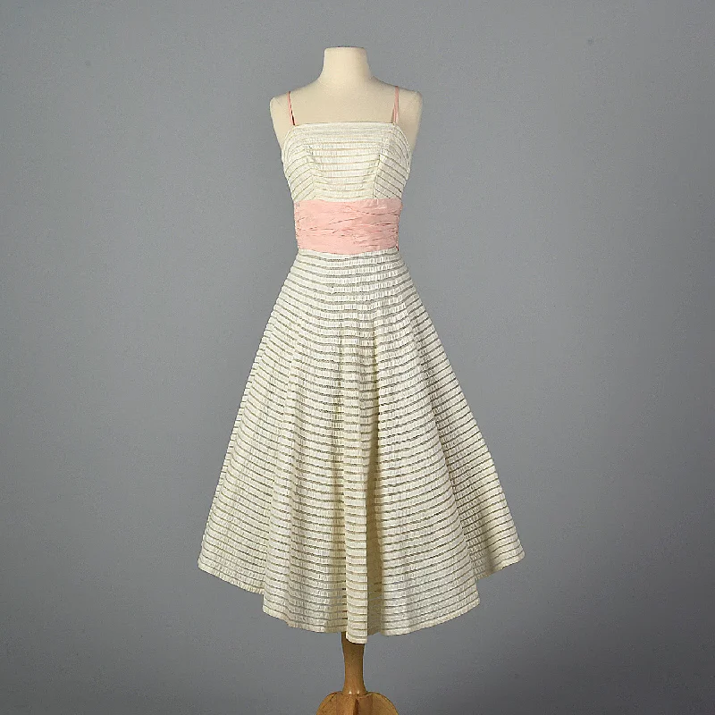 1950s White Party Dress with Sheer Mesh Stripes Tunics Prom sequined