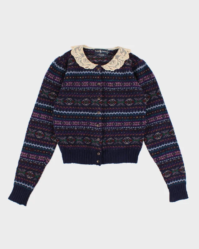Vintage woman's Patterned knit cardigan - M Welt Pockets Slit Pockets Flap Pockets