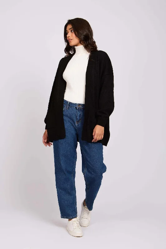 Women Long Loose Cardigan Black Transparent Opaque Sheer