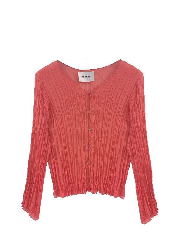 Maya Pleated Cardigan- Coral Zippered Buttoned Snapped