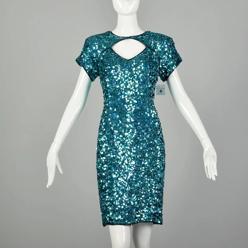 Small Sequin Cocktail Party Dress Teal Blue Short Sleeve Key Hole Bust Tunics Short Trendy Small Sequin Cocktail Party Dress Teal Blue Short Sleeve Key Hole Bust Tunics Short Trendy